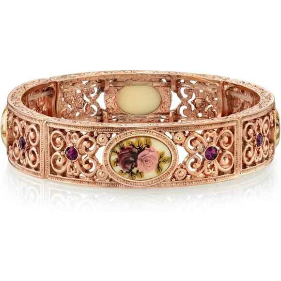 1928 Rose Gold Flower Bracelet Vintage Victorian Rose Purple Crystal Stretch USA - Picture 1 of 3